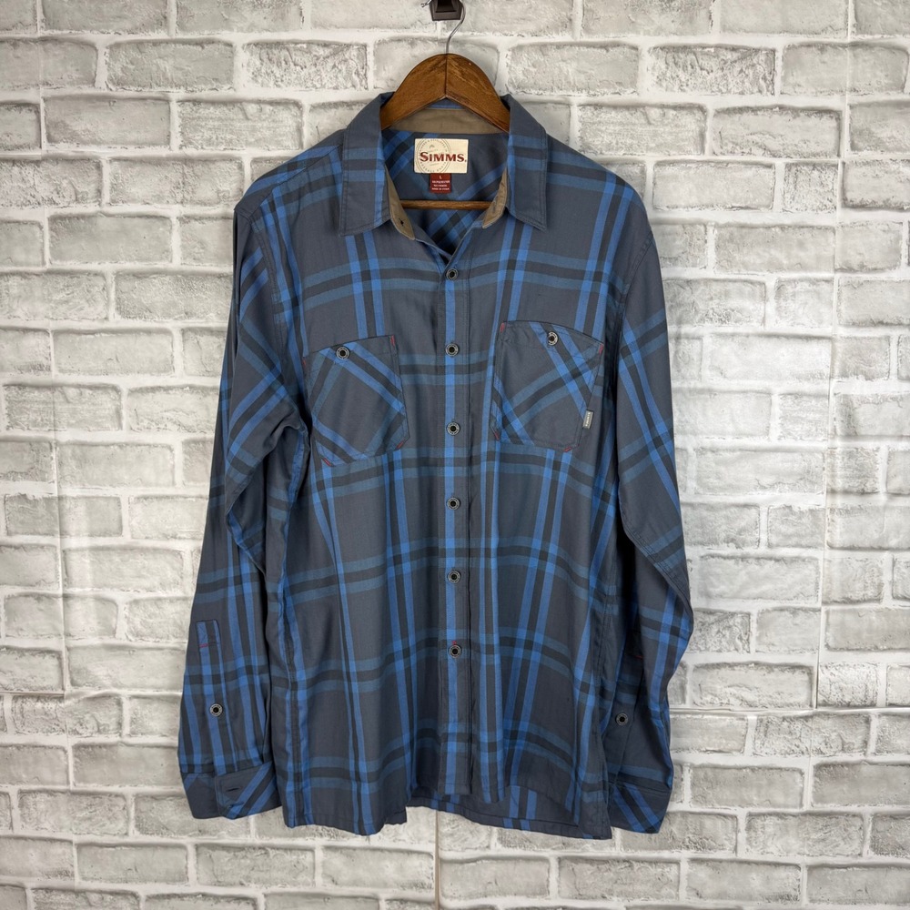 Simms Mens Blue Plaid Long Sleeve Fishing Shirt Polyester Tencel Flannel Large